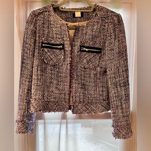 J Crew Fringy Tweed short cropped blazer ,size 2 . Purple , white , navy, lavend